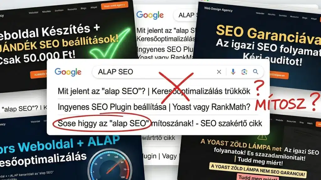 Google-találatok „alap SEO” ígéretekkel, áthúzva